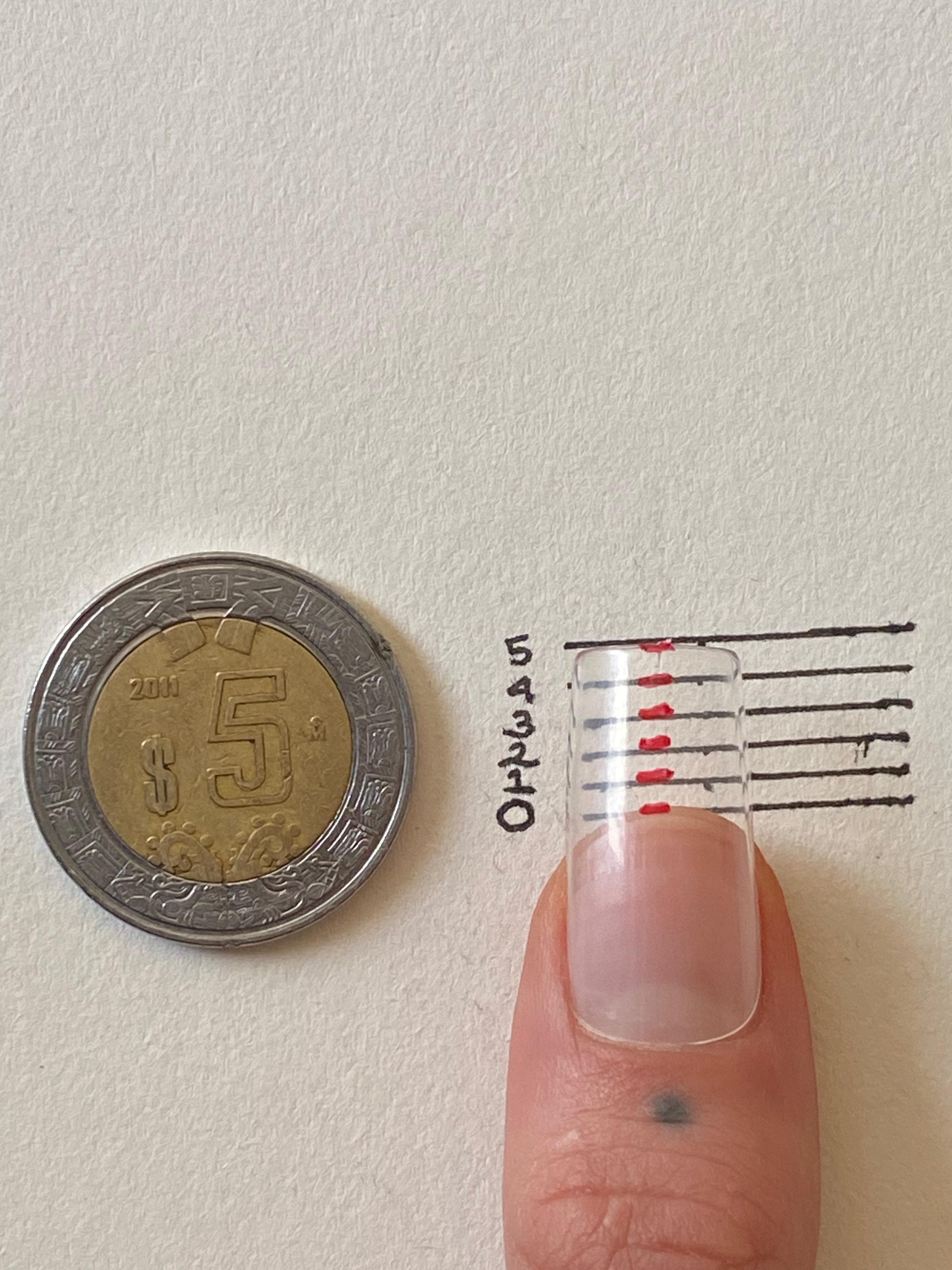 Referencia de tamaño — cuadrada (con dedo), tallas 1 al 5